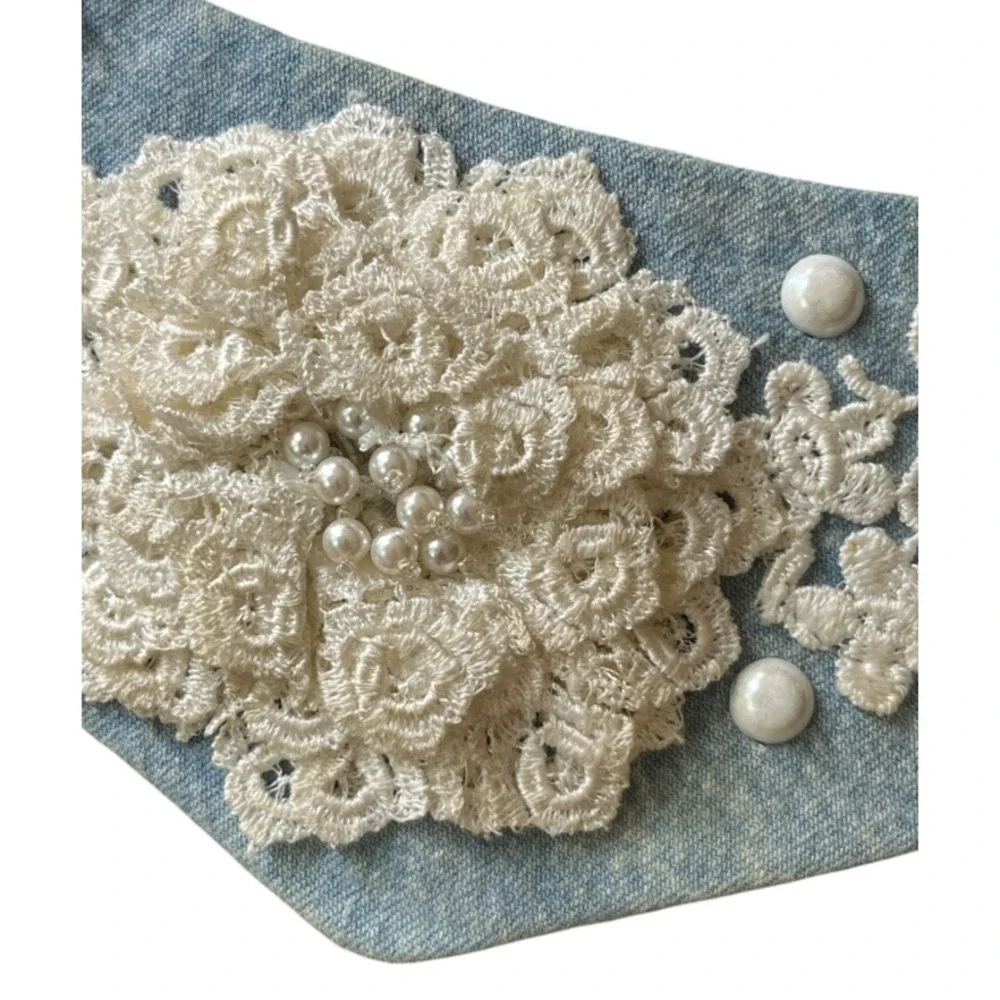 Vtg V-FRONT CUMMERBUND BELT Blue Acid Washed Denim Pearls Crochet Flower Lace